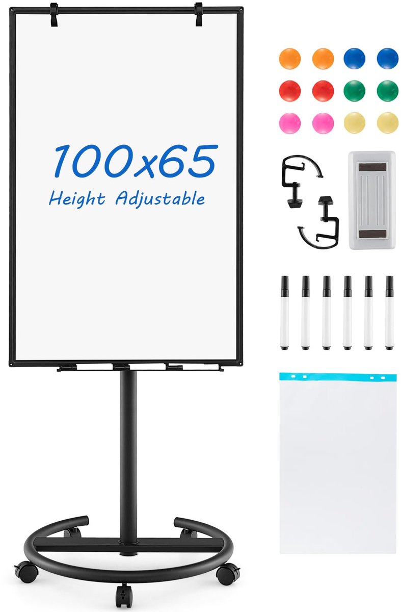 Famanu – Magneetbord 100 x 65 cm, afwasbaar whiteboard met ezel en remrollen, verstelbaar van 1,32 m tot 1,92 m, zwart