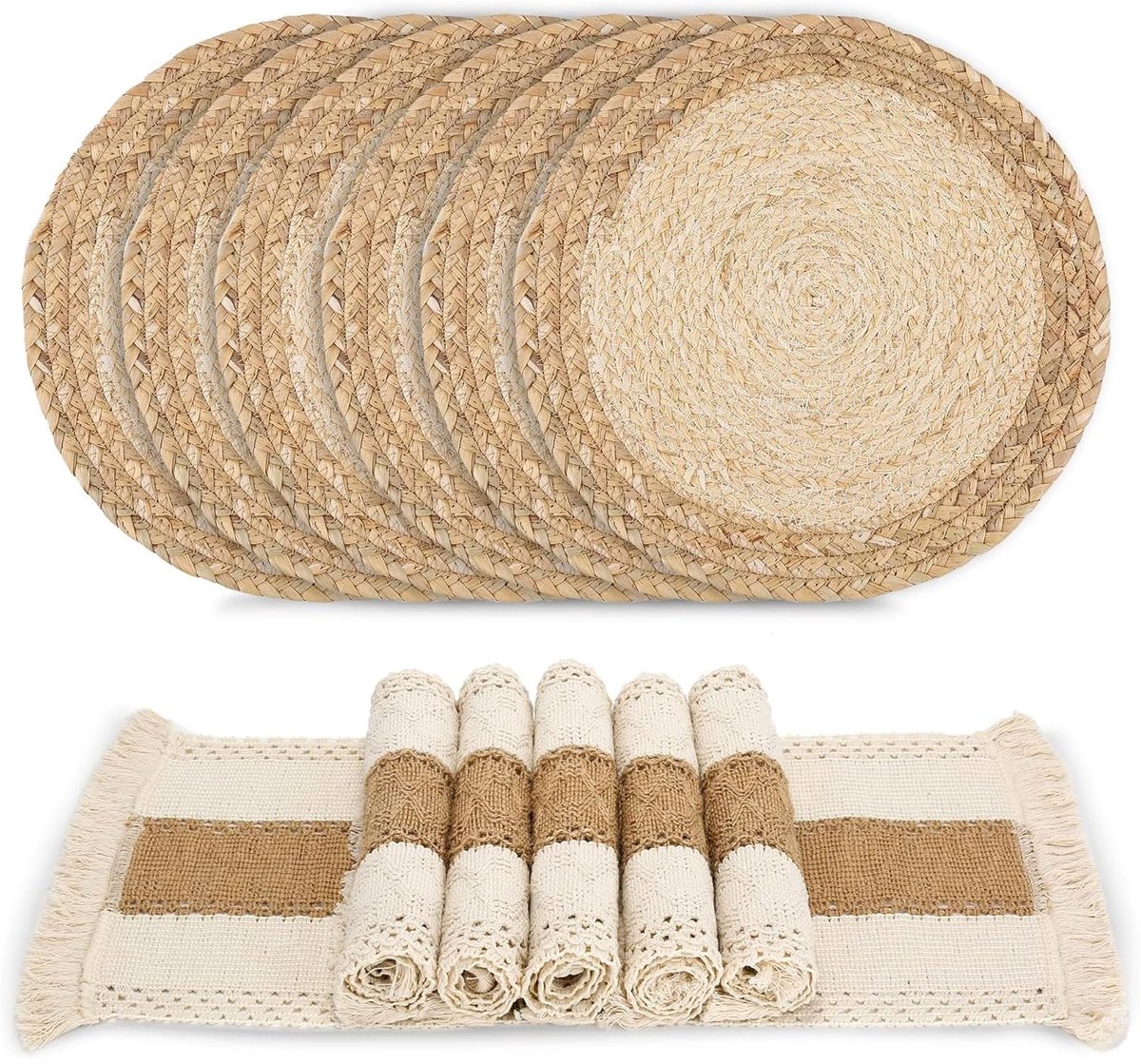 Famanu – Handgemaakte boho-placemats, set van 6, natuurlijke katoen, jute en waterstro, voor eettafel en keuken