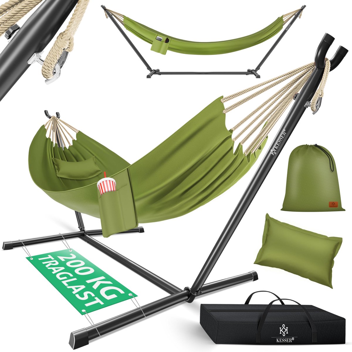 Famanu – Hangmat met frame voor 2 personen, stabiel en XXL, 200 kg belastbaarheid, geschikt voor binnen en buiten, tuin, zwembad, balkon, terras, kaki