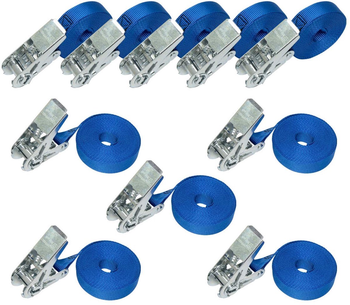 Famanu – Set van 10 spanbanden met ratel, 6 m lang, 25 mm breed, draagvermogen 800 kg, blauw