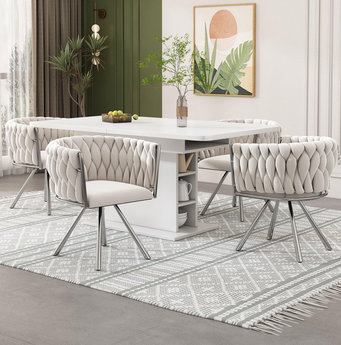 Beige Velvet Eetkamerstoel Set Van 4 Met 360 Graden Draaifunctie, Armleuningen En Zachte Bekleding Voor Eetkamer En Woonkamer, Metalen Poot