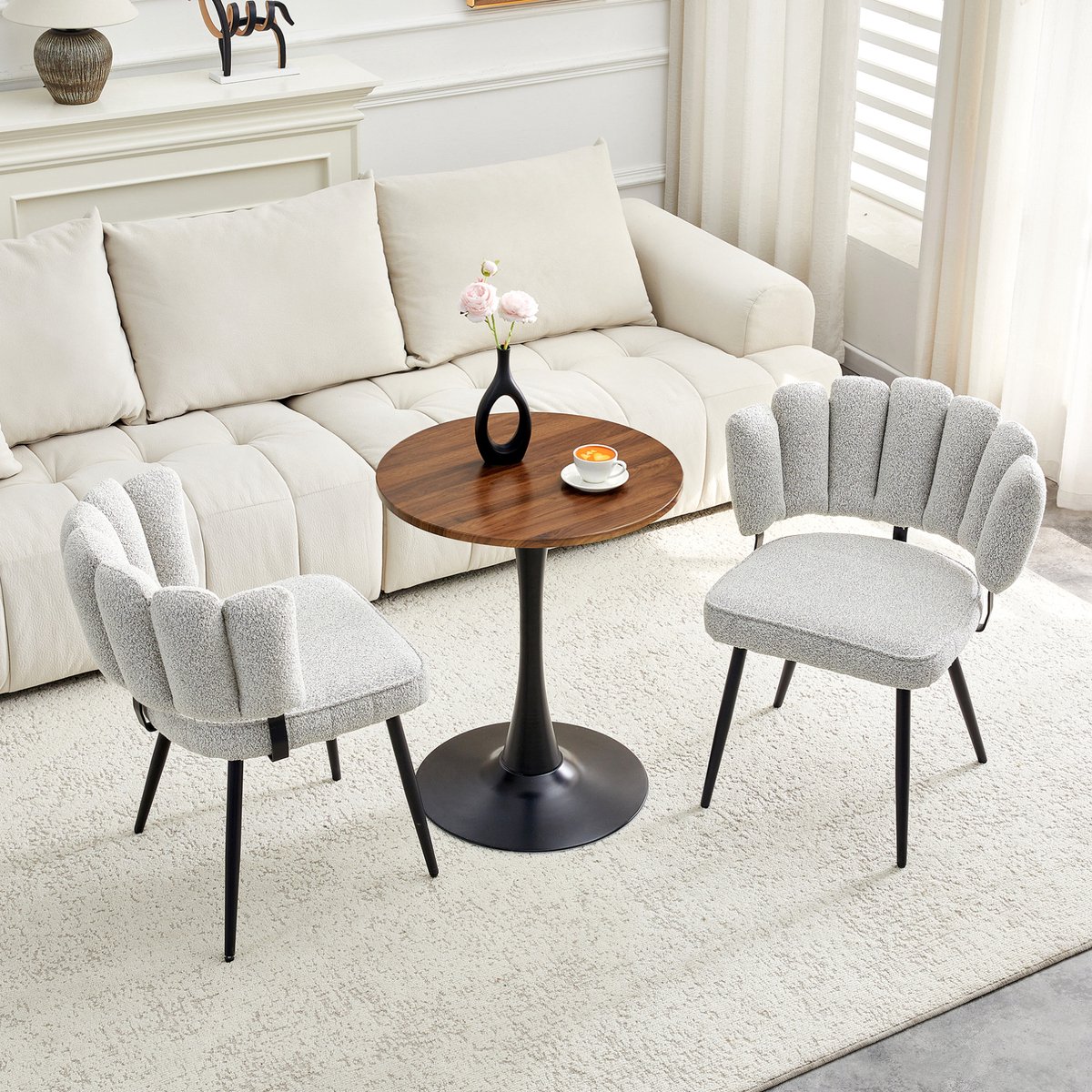 Wishdor Set tafel en stoelen - Ronde 60 cm tafel - 2 eetkamerstoelen met bloemblaadjes rugleuning - Walnootkleur zwart - Hout met metaal - Eetkamer woonkamer - 72 cm