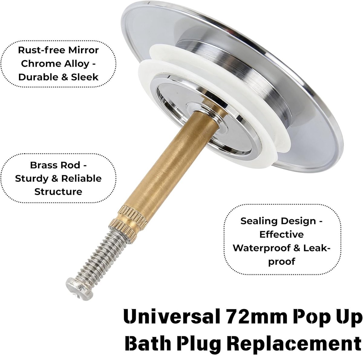 Pop-up Badplug Vervanging - Zilver - 72 mm - Verchroomd en Verstelbaar - Voor Bad en Wastafel