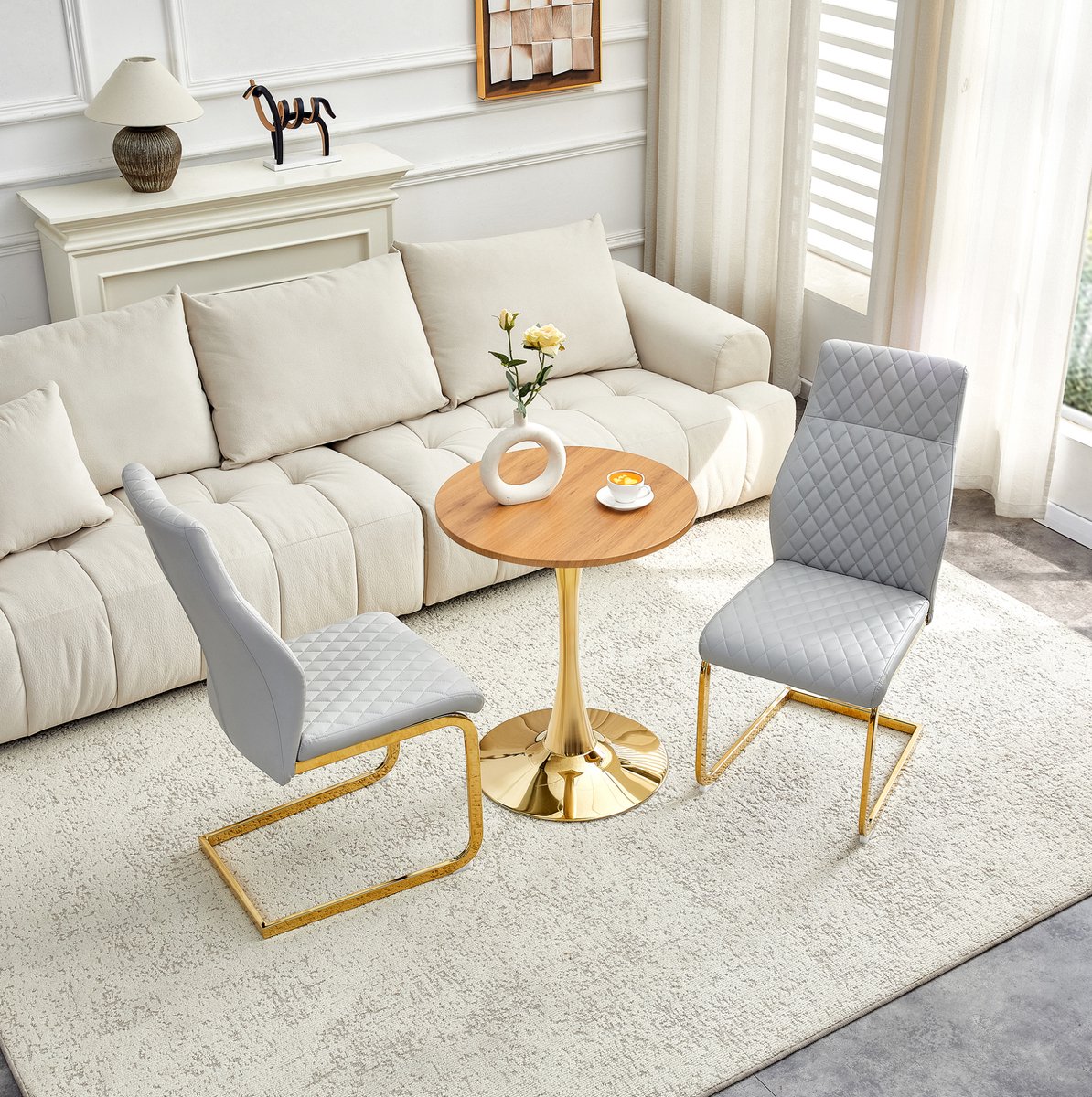 Wishdor Ronde eettafel set met 2 stoelen - MDF houtlook - Goud en lichtgrijs - Ruitpatroon en goud metalen frame - Modern design - Voor keuken en eetkamer - Ø 60 x 72 cm
