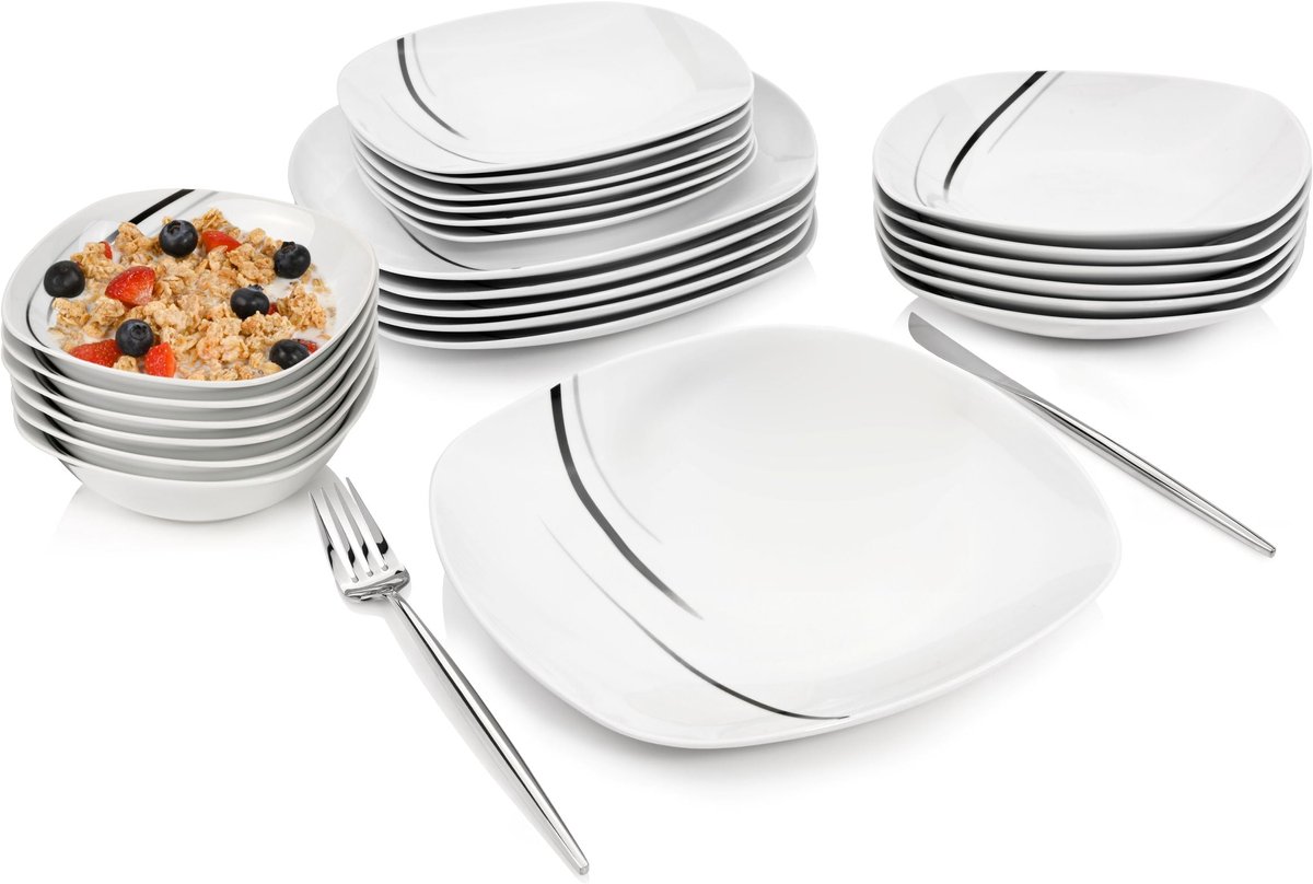 Porzellan Geschirrset Bilgola Black Lines, Kombiservice 24 teilig für 6 Personen