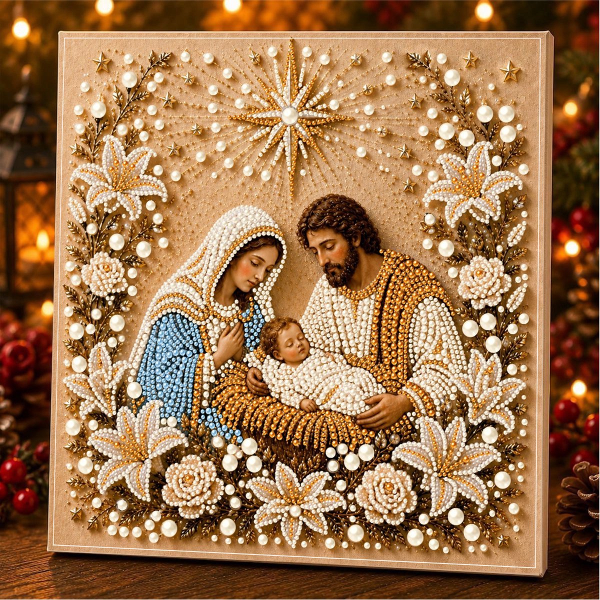 Casalora® DIY Jezus Parel Diamond Painting Kit – 5D Speciale Vorm – Christelijke Mozaïek Knutselset voor Volwassenen – Religieuze Wanddecoratie met Lijst – 25 x 25 cm – Geboorte van Jezus