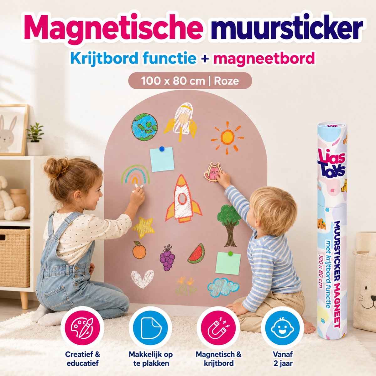 LiasToys Magnetische Muursticker met Krijtbordfunctie – 100 x 80 cm – Magneetbord Muurboog – Camel Pink — afbeelding 3