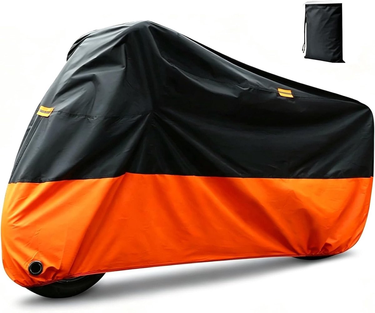 Motorhoes 2XL 245 x 105 x 125 cm, Waterdichte Motorbescherming met 3 Reflecterende Strepen, UV-Bescherming en Stofdicht, Winterbestendige Garage van 190T Oxford Stof, Zwart/Oranje