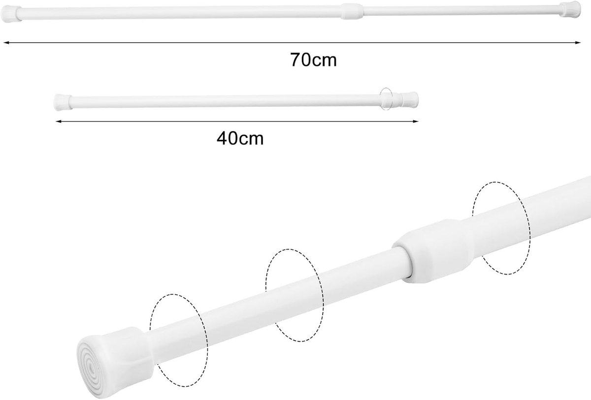 Telescopische stang voor gordijnen en douchegordijnen, verstelbaar van 40-70 cm, eenvoudig te installeren zonder boren, ideaal voor elke ruimte