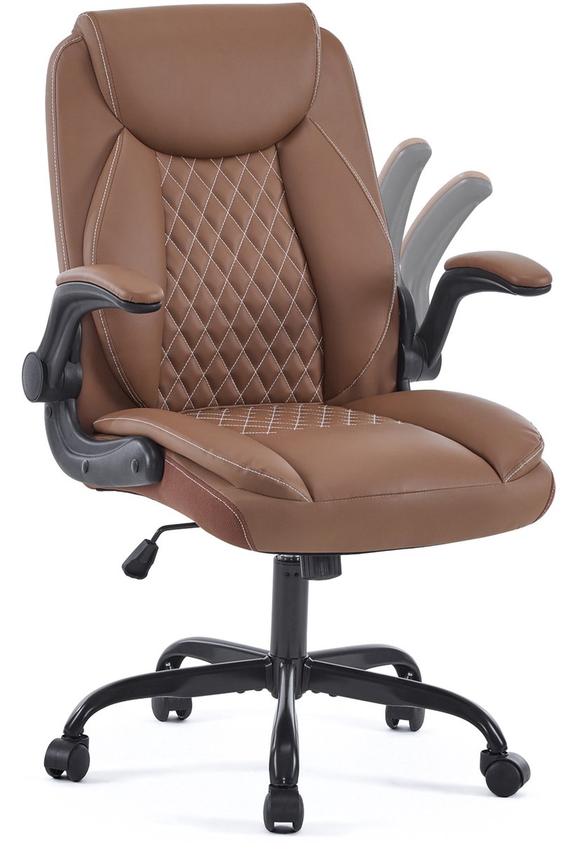 OKWISH Bureaustoel 64 x 64 x 102 cm Ergonomisch Met Hoofdsteun En Opklapbare Armleuningen Voor Thuis Bureau En Gaming Leer Bruin