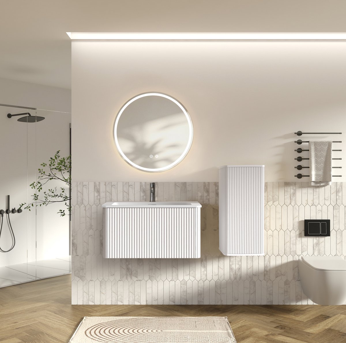 MIVRAY Badkamerkast Set - Wandhangend Met Wastafel En LED Spiegel - Modern Voor Kleine Badkamers - Wit - 81 Cm