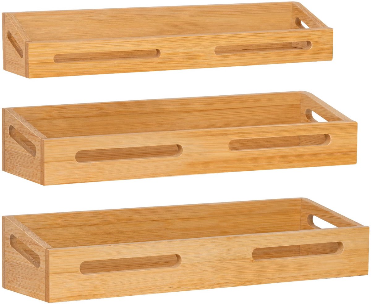 Famanu – Set van 3 kruidenrekken zonder boren, bamboe kruidenorganizer voor de keuken, hangend aan de muur, zelfklevend of met boren