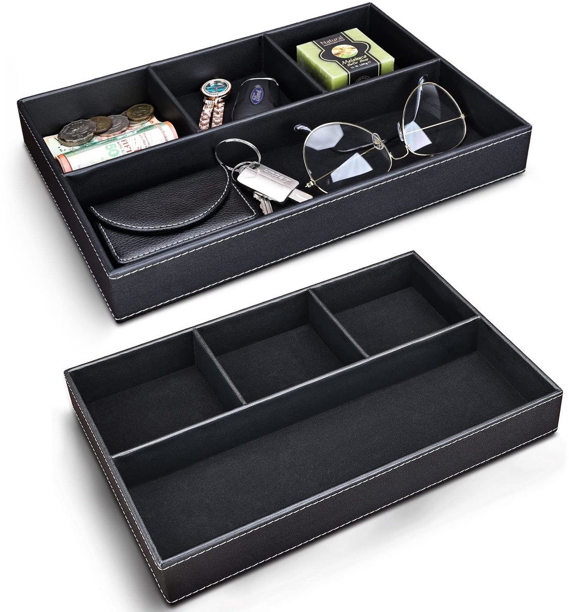 Famanu – Valet dienblad van leer, bureaulade en organizer voor nachtkastje, ideaal voor sleutels, schrijfwaren en sieraden, set van 2 stuks