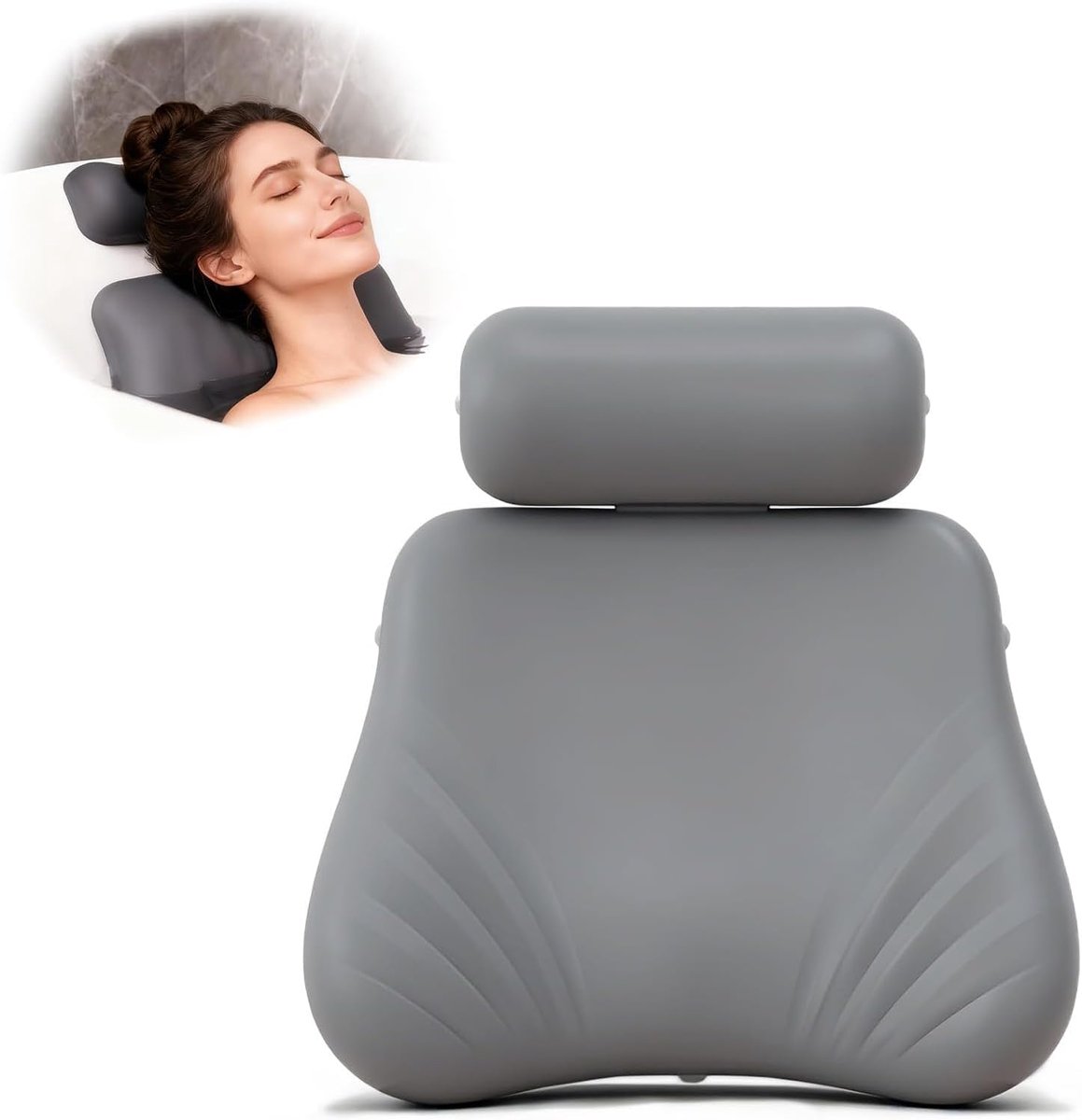 Verbeterd siliconen badkussen - 4D-pers opblaasbare airbag en antislip grote zuignappen - ergonomisch ontworpen om hoofd - nek en rug te ondersteunen - past op alle badkuipen en thuisspa (grijs)