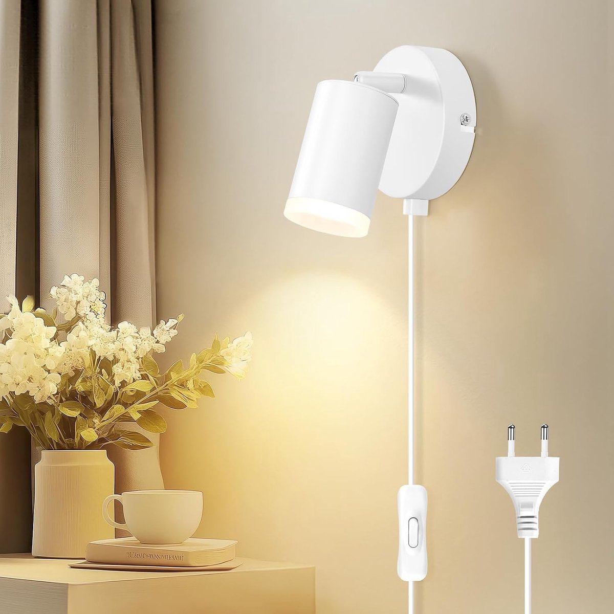 Wandlamp met Stekker en Schakelaar - Mat Wit - 1 stuk - Draaibaar - Voor Slaapkamer en Kantoor