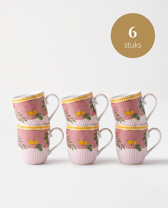 Six tasses roses, avec des fleurs jaunes, des feuilles vertes et un bord doré. Cercle avec '6 pièces'.