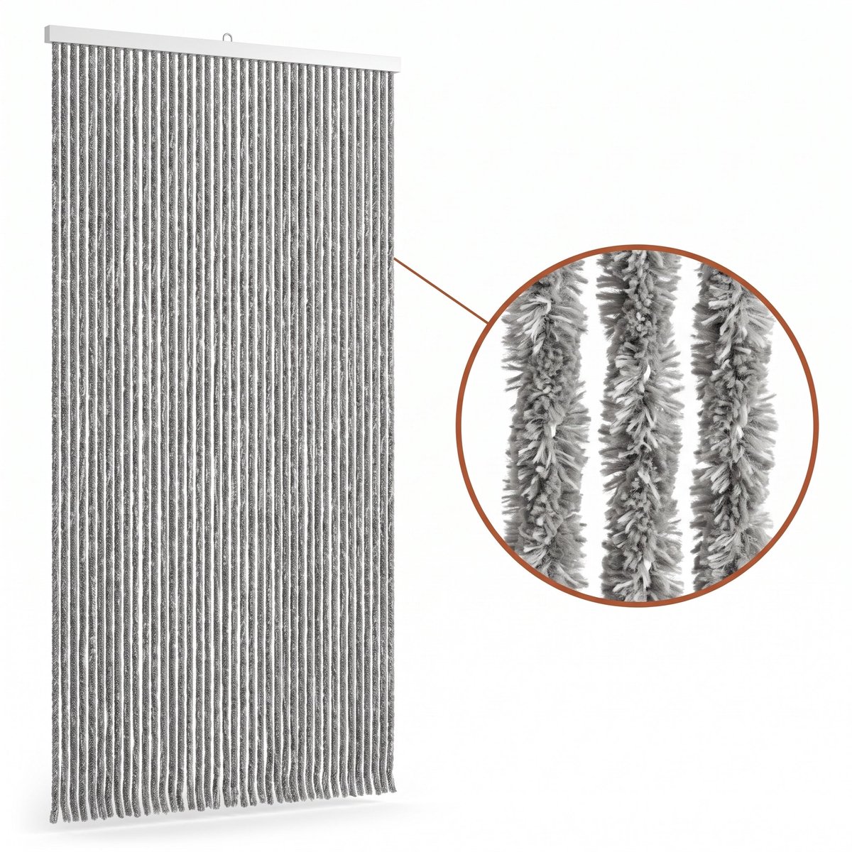 Cheqo® Vliegengordijn 90x210 cm Grijs Gemêleerd - Insectengordijn - Deurgordijn - Kattenstaart - Horgordijn - Hordeur - Pluche Strengen - Chenille - Muggengordijn - Vliegenhor - Anti Insecten - voor Deur, Tuindeur, Balkondeur, Caravan en Camper