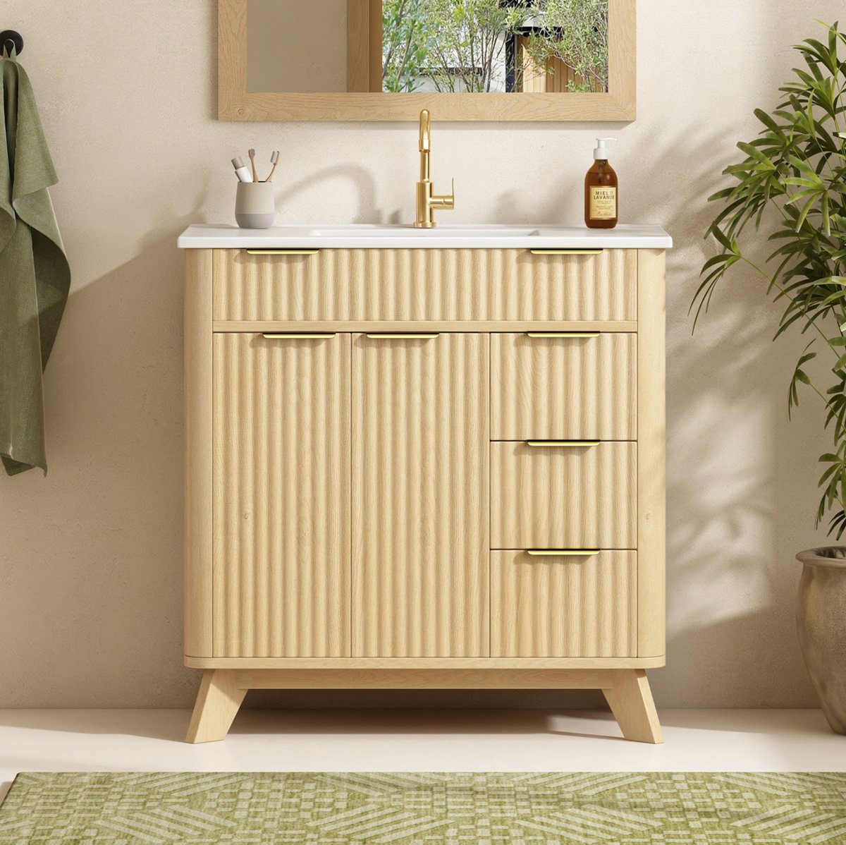FloraGrace Badkamerkast - Wastafelonderkast Met Wavelook En Soft-Close - Voor Badkamer En Sanitair - MDF En Keramiek - 81x47x90 Cm - Natural Wood