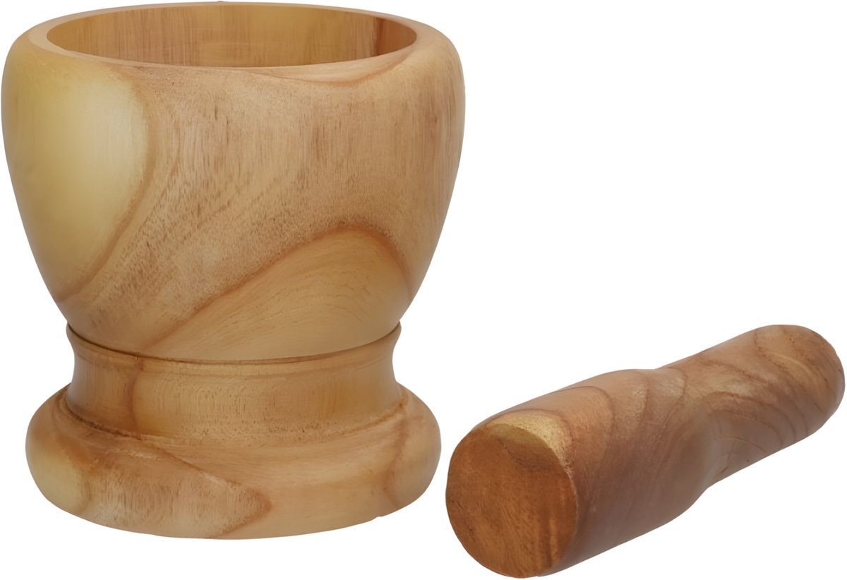Gerimport Vijzel met stamper - hout - 12 x 12 cm - keuken - koken - fijnmalen