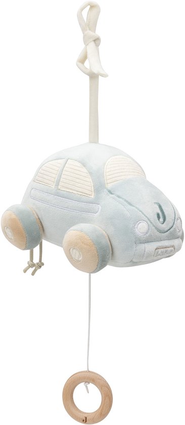 Lichtblauwe baby-muziekhanger in de vorm van een auto, met houten ring en trekkoord.