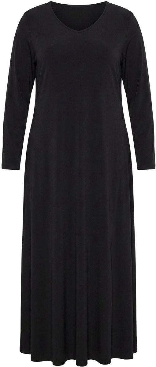Ulla Popken - Dames - Maxi-jurk schouderinzetstukken V-hals lange mouwen - Zwart - Maat 54+