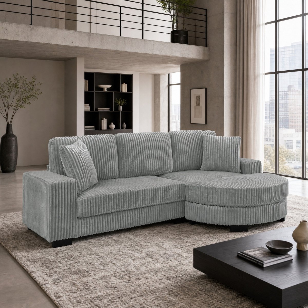 DESMIU Hoekbank 4-Zits 256,5 X 133,5 X 89 Cm - Modulair Met Verplaatsbare Ovale Hocker En 2 Kussens - Voor Woonkamer, Appartement En Kantoor - Corduroy - Grijs