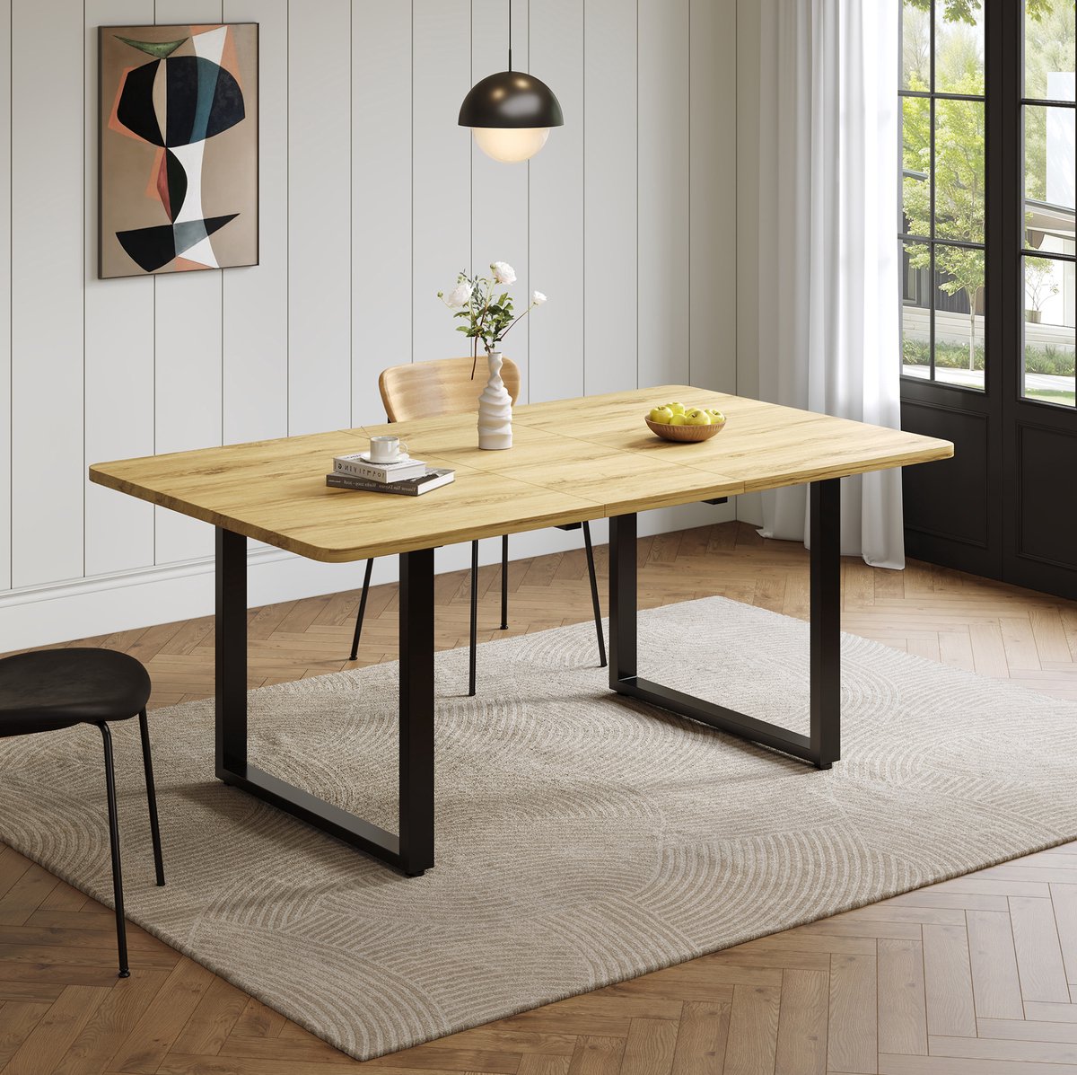 MIVRAY Eettafel - Uitschuifbaar Met 3 Lengtes En Stevige Metalen Poten - Modern Voor Woonkamer En Eetkamer - MDF - Naturel - 220x80 Cm