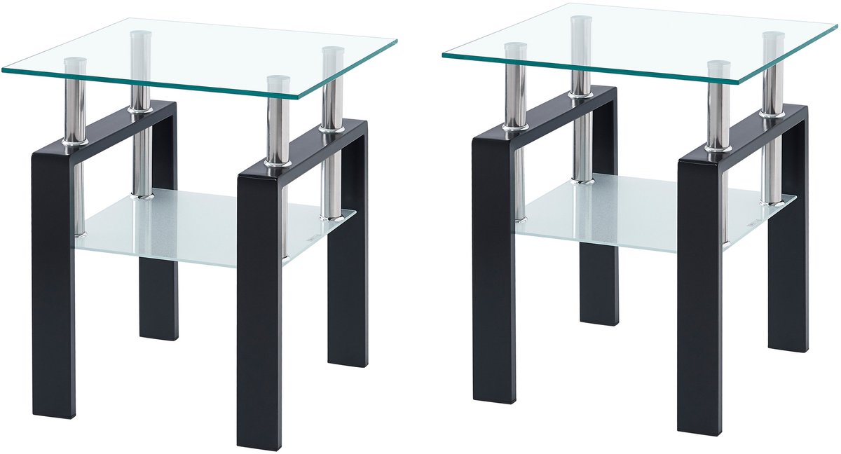 MIVRAY Bijzettafel Set Van 2 - Transparant Gehard Glas Met Zwarte Poten - Voor Woonkamer En Kantoor - Vierkant - 45 X 45 X 52 Cm Transparent