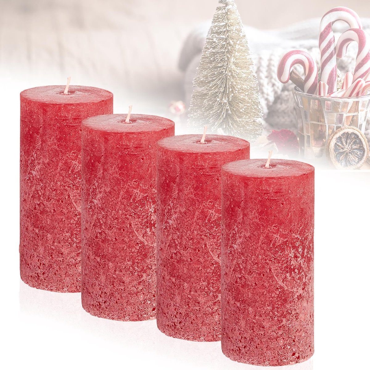 Famanu Set van 4 rustieke stompkaarsen in rood, grote kaarsen van 12 cm, lange brandduur van ca. 54 uur, ongeparfumeerd, perfect voor kerst en advent