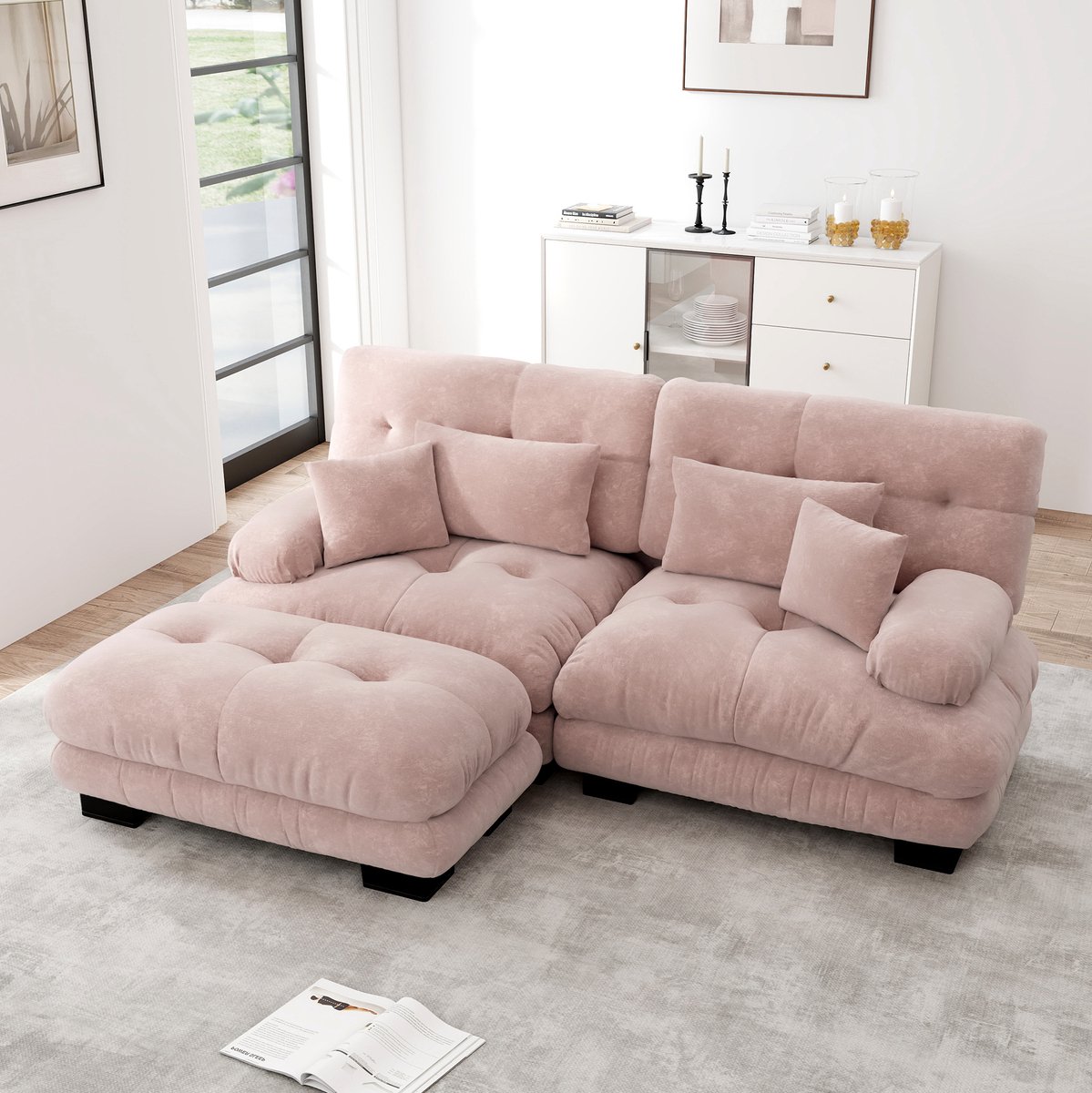 DESMIU Hoekbank 220 Cm - Modulaire Cloud Bank Met Losse Ottoman En 2 Lendenkussens En 2 Sierkussens - Voor Woonkamer - Chenille Roze