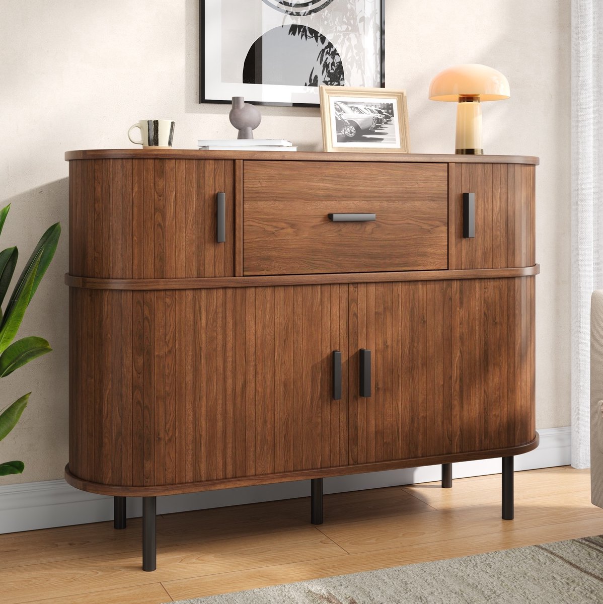 FloraGrace Dressoir Met Schuifdeuren En Lade - Dubbele Opbergindeling Voor Woonkamer En Eetkamer - Walnoot - 110x35x81,5 Cm