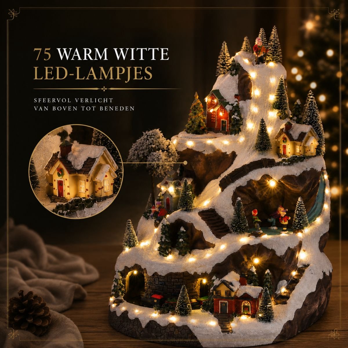 Luville Kerstdorp Miniatuur Skipiste - Kerstversiering met Ronddraaiende Kerstboom en Rijdend Treintje - Kerst Decoratie met Verlichte Huisjes - Inclusief Adapter - L33 x B31 x H46 cm - Meerkleurig – foto 4