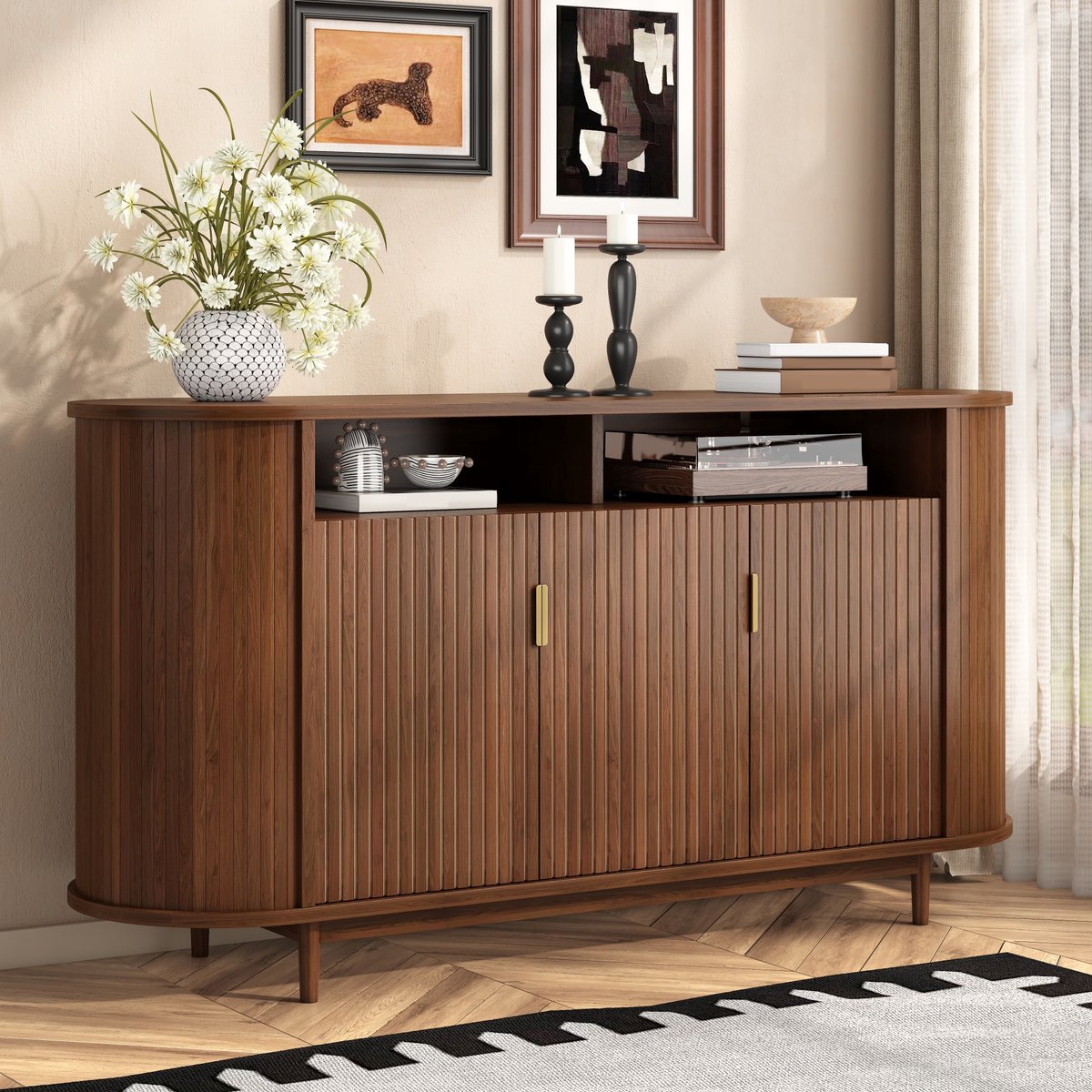 PHOEBE CAT Dressoir - Halmeubel - Kast met 3 deuren - Houtlook - MDF - Houten poten - Walnootkleur