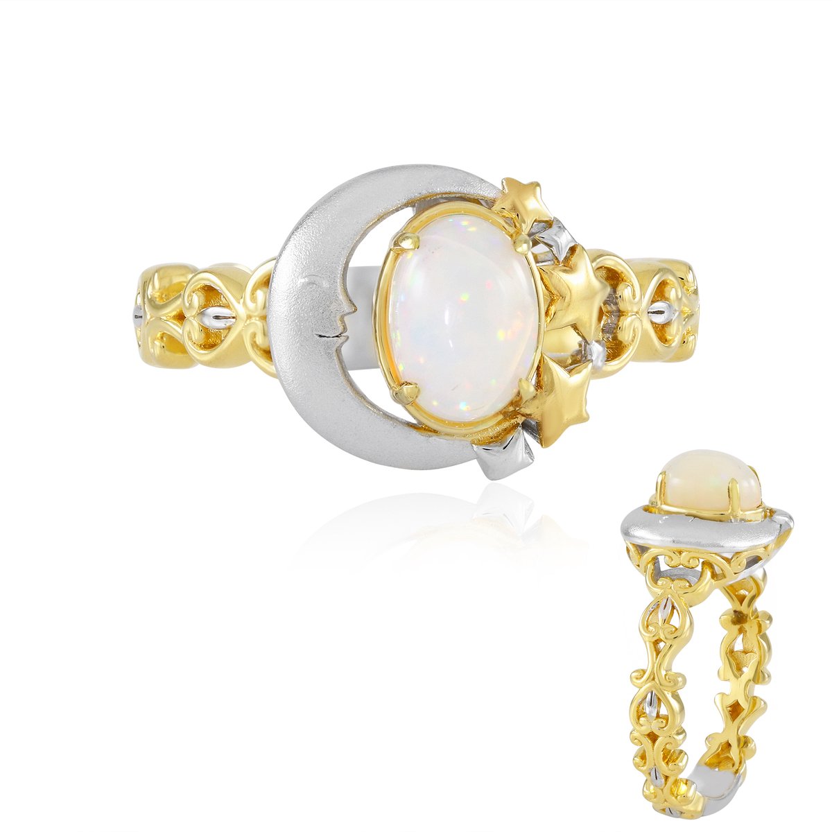 Cavill - 925 Sterling Zilver Vergulde Ring - 0,45 ct Welo Opal Ovaal Cabochon - Filigrane Maan & Sterren Motief - Exclusieve Damesring