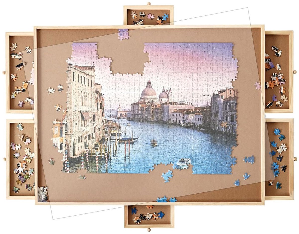 Puzzelbord met Opberglades Houten Jigsaw Puzzelplaat 2000 Stukjes Sorteersysteem Handig Opbergen 76x56 cm