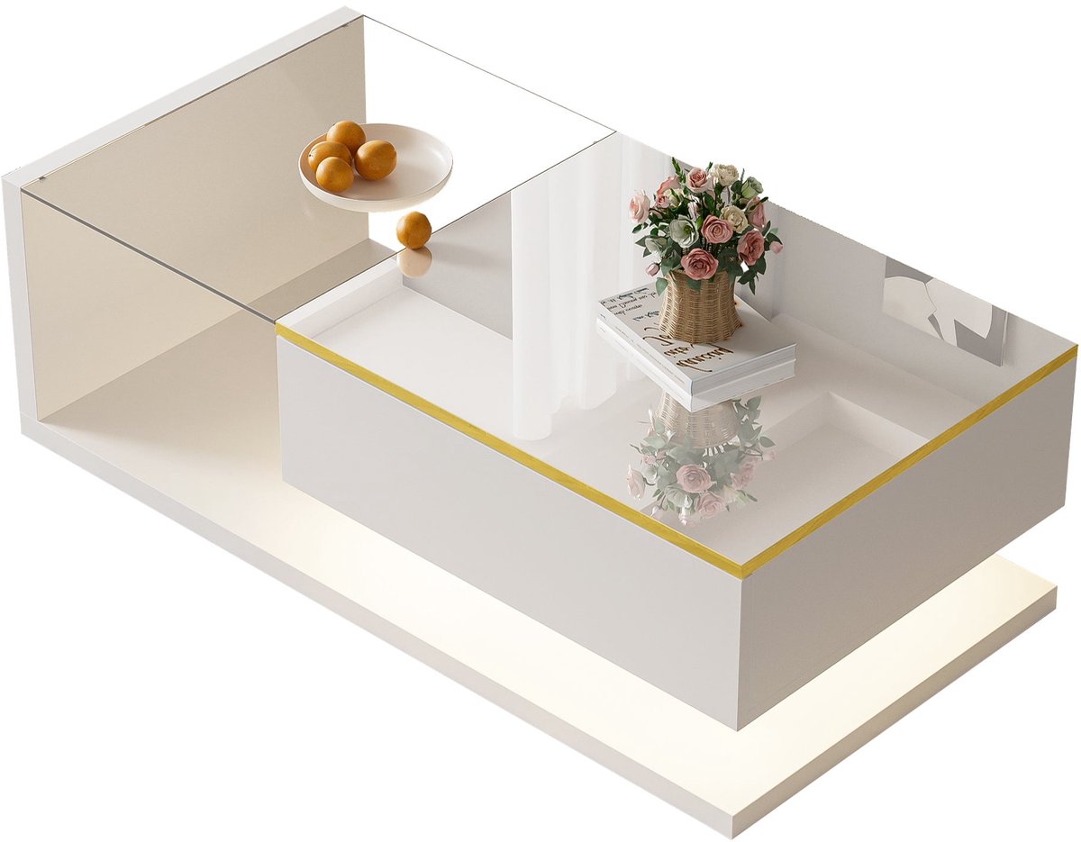 Merax Salontafel Hoogglans Wit met Glas en LED-verlichting – 100 x 50 x 32,5 cm