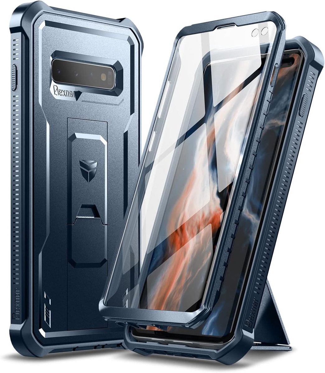 Zware Militaire Bescherming Shockproof Hoes voor Samsung S10 met Ingebouwde Schermbeschermer en Kickstand - Donkerblauw, Duurzaam en Stijlvol