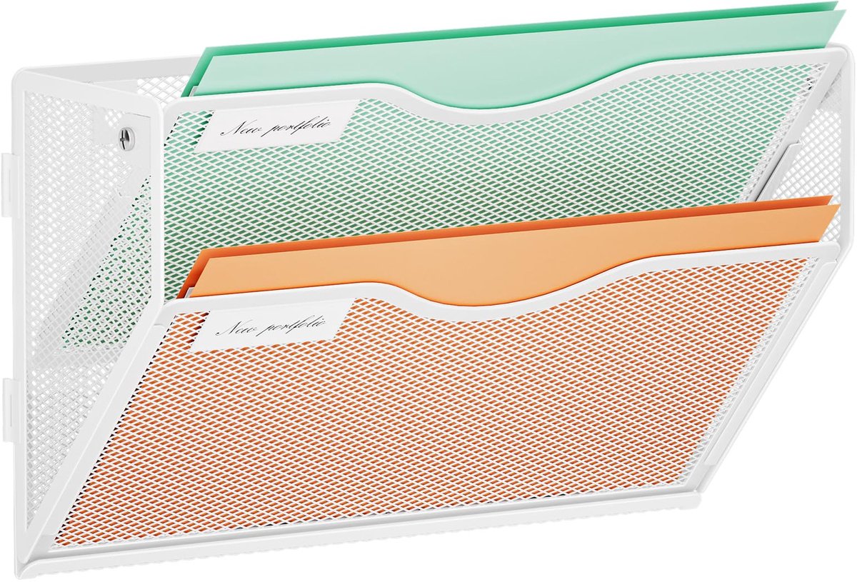 Famanu – 2-laags A4-documenthouder voor wandmontage, metalen ophangsysteem voor papieren en tijdschriften, opberghouder voor kantoor en thuis in wit