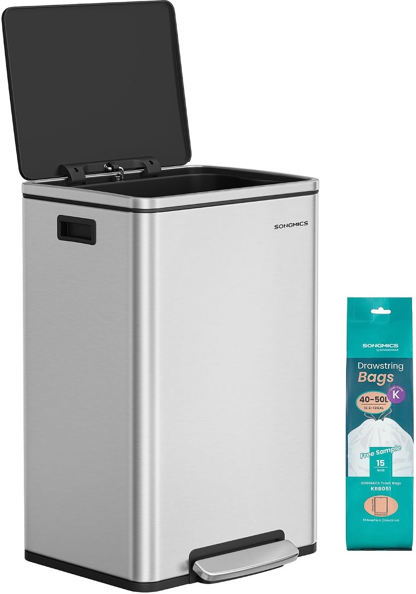 Songmics 50 liter roestvrijstalen afvalbak met softclose deksel en 15 vuilniszakken