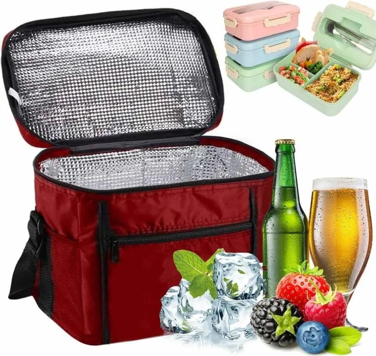 Geïsoleerde lunchtas, 10 liter, koeltas, Geschikt voor lunch/werk/school/strand/picknick, rood