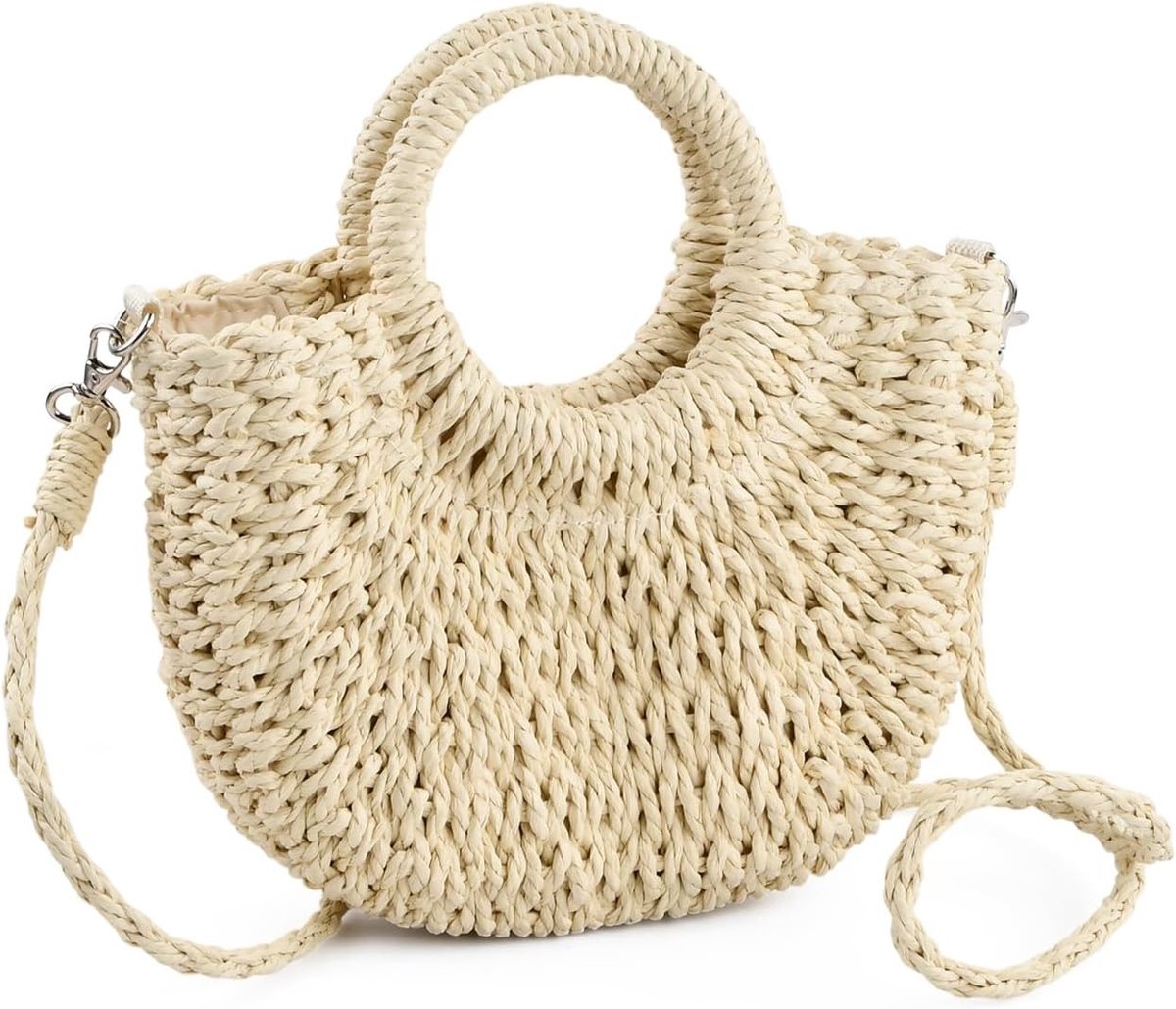 Boho Handwoven Strohandtas met Afneembare Schouderband, Ronde Strandtas voor Zomer, Feestjes en Vakanties, Elegant en Lichtgewicht