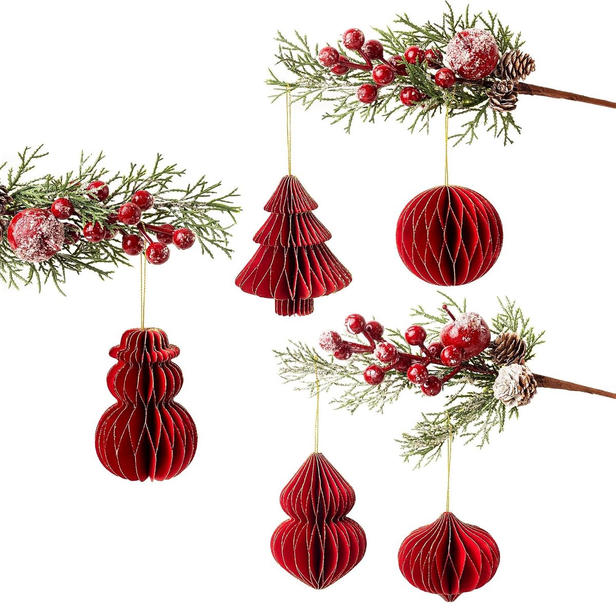 Kerstdecoratie Set - Bordeaux Rood - Set van 5 Ornamenten van Gerecycled Papier - Voor Thuis en Kantoor