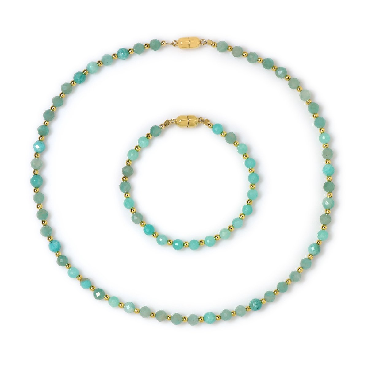 Cavill - Sieradenset 925 Sterling Zilver Verguld - Amazoniet 99 ct & Gouden Hematiet - Ronde Facet Kralen - Magnetische Sluiting