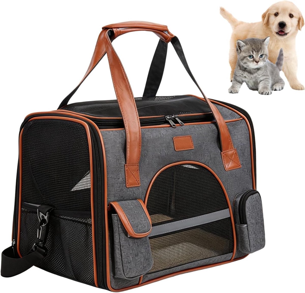 Transporttas voor katten - Koffie - 45 x 25 x 27 cm - Opvouwbare Draagtas met Ademend Mesh - Voor Katten en Kleine Honden