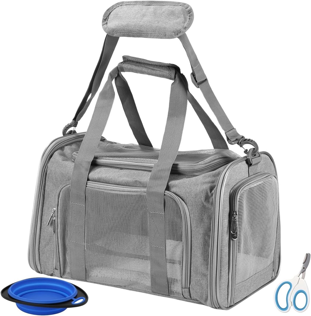 Transporttas voor Kat en Hond - Grijs - 45 x 28 x 28 cm - Opvouwbare en Ademend Draagtas - Geschikt voor Auto en Vliegtuig