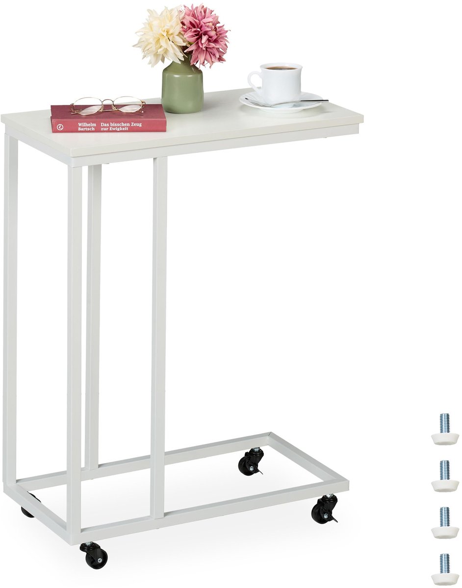 Famanu – Bijzettafeltje onder bank, U-vorm, met wieltjes, metalen frame, modern wit, 79 x 60 x 30 cm
