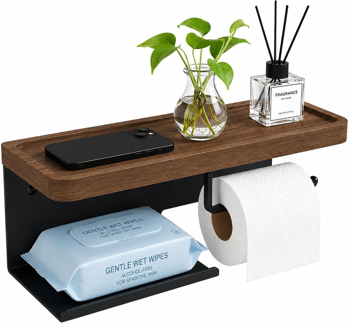 Trywise Toiletrolhouder met Brede Walnootplank - Wandmontage met Opbergruimte - Voor Badkamer en Toilet - Mat Zwart