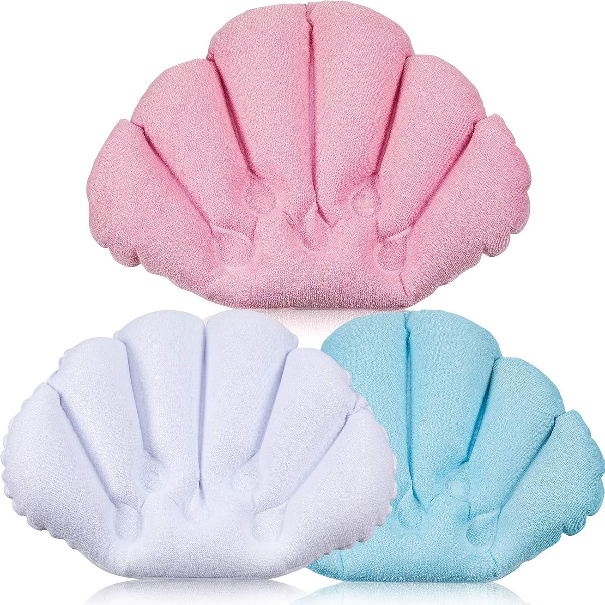 Trywise 3 Stuks Opblaasbare Badkussens - Schelpvorm met Badstof Bekleding en Zuignappen - Voor Bad en Spa - Roze, Blauw en Wit