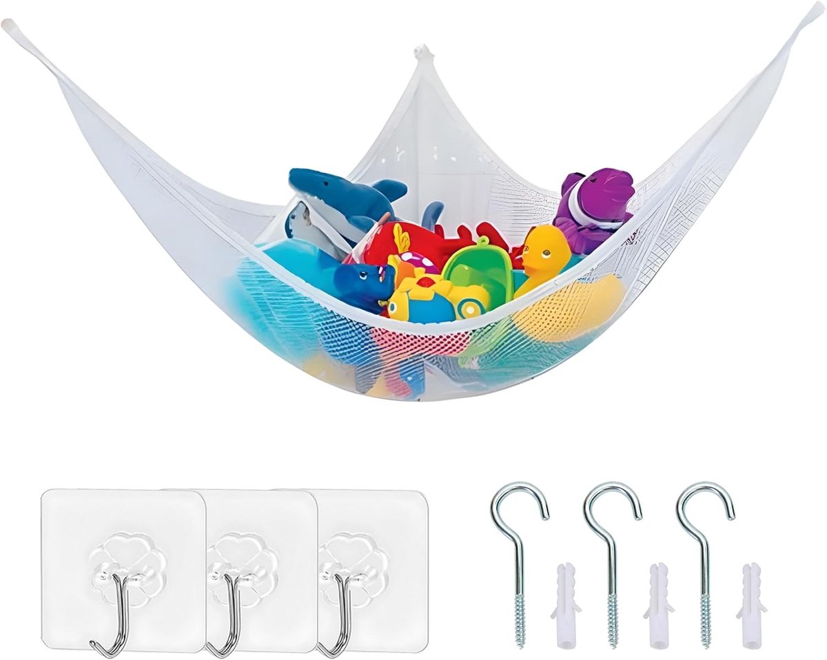 Speelgoedhangmat voor het opbergen van knuffeldieren - groot gaasnet met haken voor zacht speelgoed, hoekhangende - ShopVlot