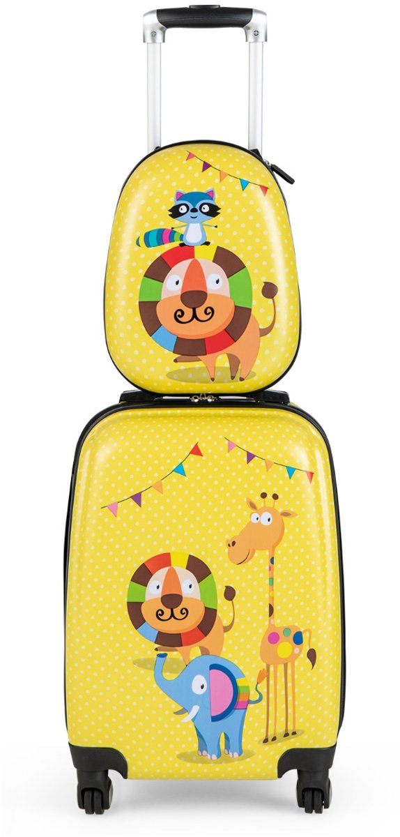 SureDeal® - Kinderkoffer - Stuks Koffer - Rugzak Harde Koffers - Wielen - Intrekbaar Handvat Geel - 34x22x46 cm - Bruin
